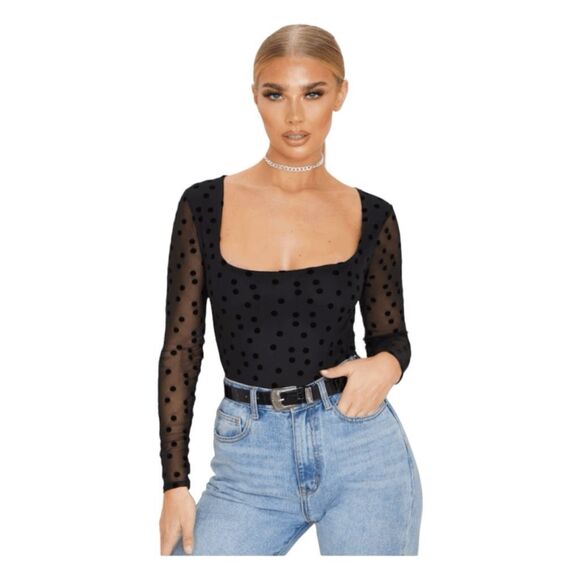 PrettyLitteThings Polka Dot Mesh Bodysuit Black Square Neck Long Sleeve Lined 4 - Picture 3 of 10